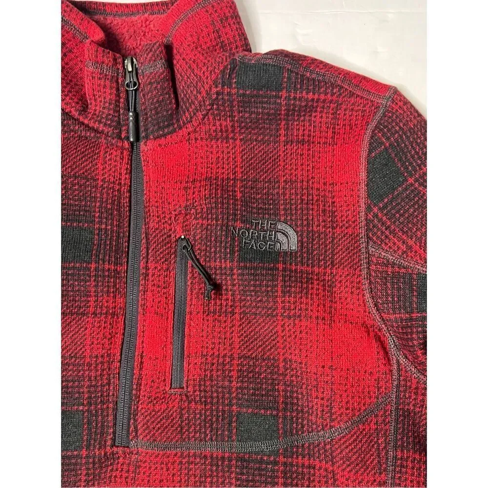 The North Face Novelty Gordon Lyons Fleece‎ Quarter Zip Red Plaid Pullover SMALL